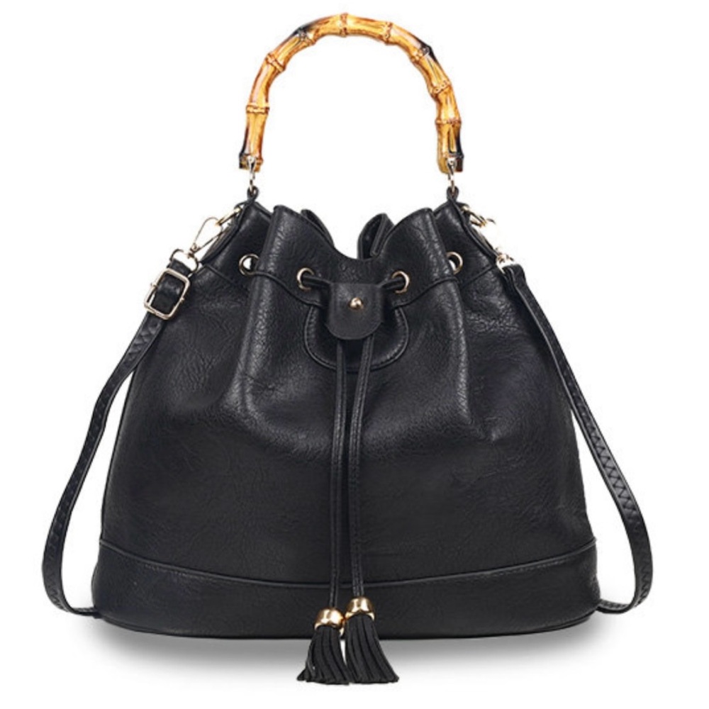 Vegan Bamboo Handle Bucket Bag Drawstring NWT- Black White Red